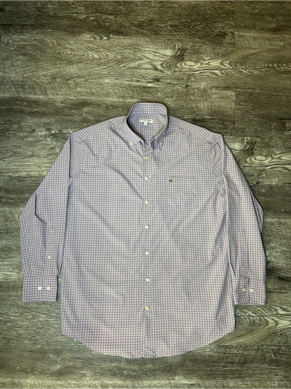Peter Millar Summer Comfort Men's Large Pink Gray Gingham Check Long Sleeve